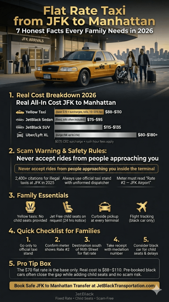 flat rate taxi JFK to Manhattan comparison infographic yellow cab black car rideshare shuttle 2026
