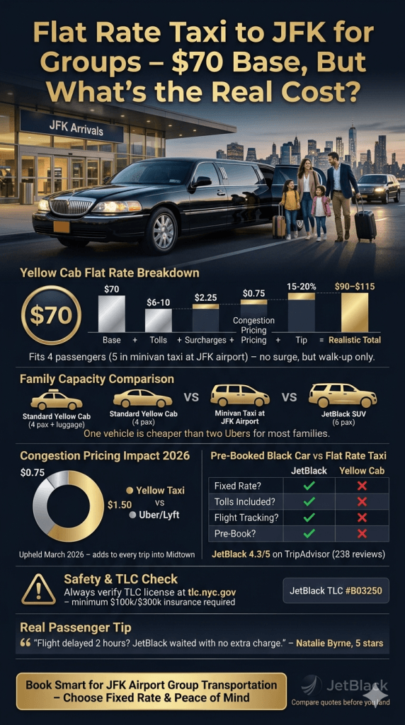 flat rate taxi to JFK for groups infographic comparing NYC for-hire vehicle types costs and TLC licensing