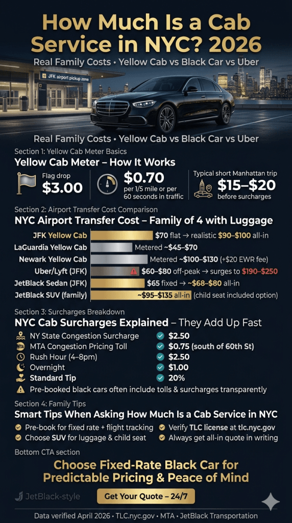 how much is a cab service in nyc cost comparison infographic yellow cab black car rideshare shuttle 2026