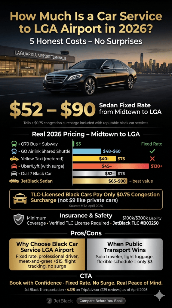 NYC For-Hire Vehicle Landscape โ LGA Airport 2026 NYC for-hire vehicle landscape infographic comparing black cars LGA airport Uber yellow taxis and limos across licensing tier insurance minimum surge pricing fixed rate availability and TLC oversight