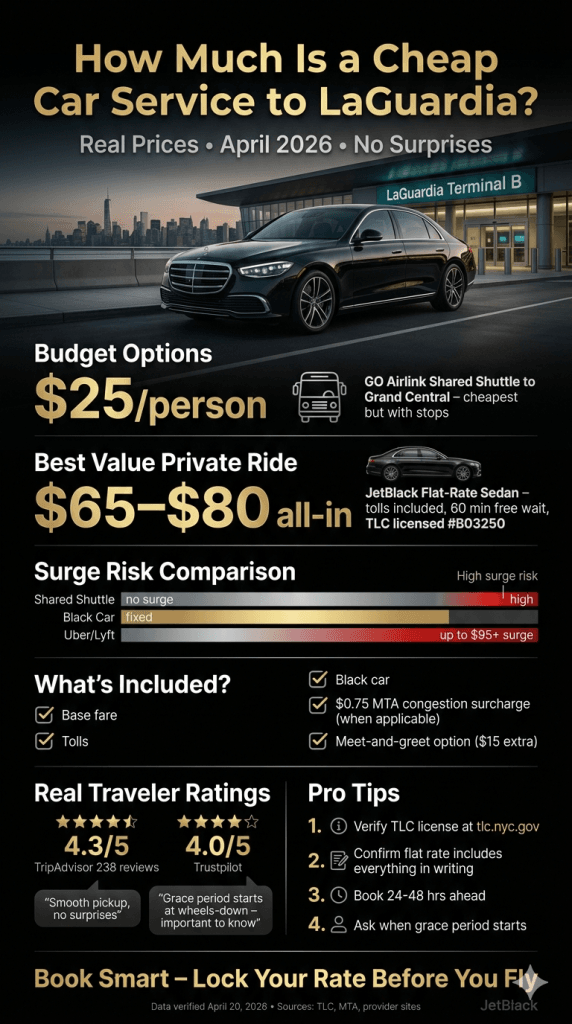 NYC for-hire vehicle comparison infographic how much is a cheap car service to laguardia  black car taxi rideshare shuttle 2026