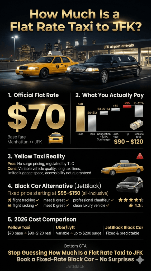 Clear visual showing exactly how much is a flat rate taxi to JFK including every surcharge, toll, and tip compared to fixed premium limo options