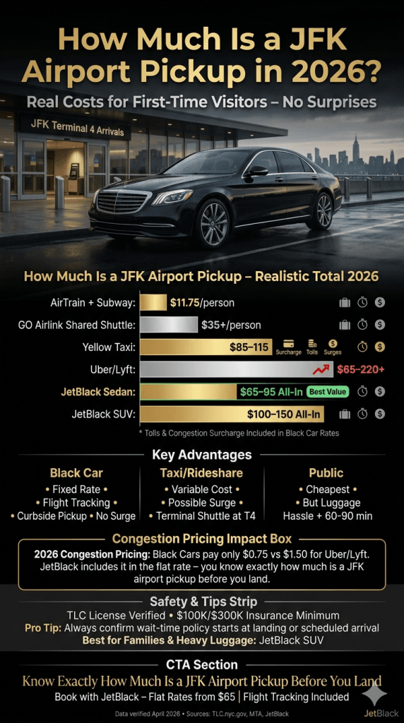 how much is a jfk airport pickup 2026 cost comparison infographic all options black car taxi subway rideshare