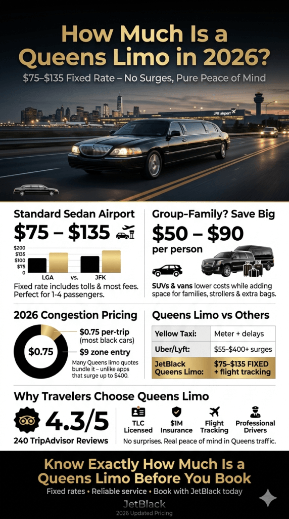 Infographic answering how much is a Queens limo in 2026 compared to taxis, Uber, and other options