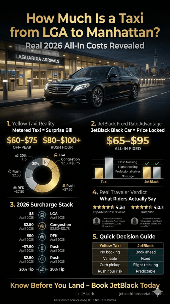 how much is a taxi from LGA to Manhattan NYC ground transportation comparison black car yellow cab Uber 2026