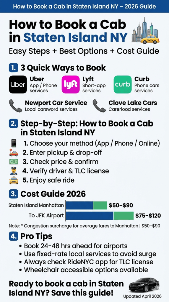 Visual guide showing phone, app, and black car options for booking a cab in Staten Island NY
