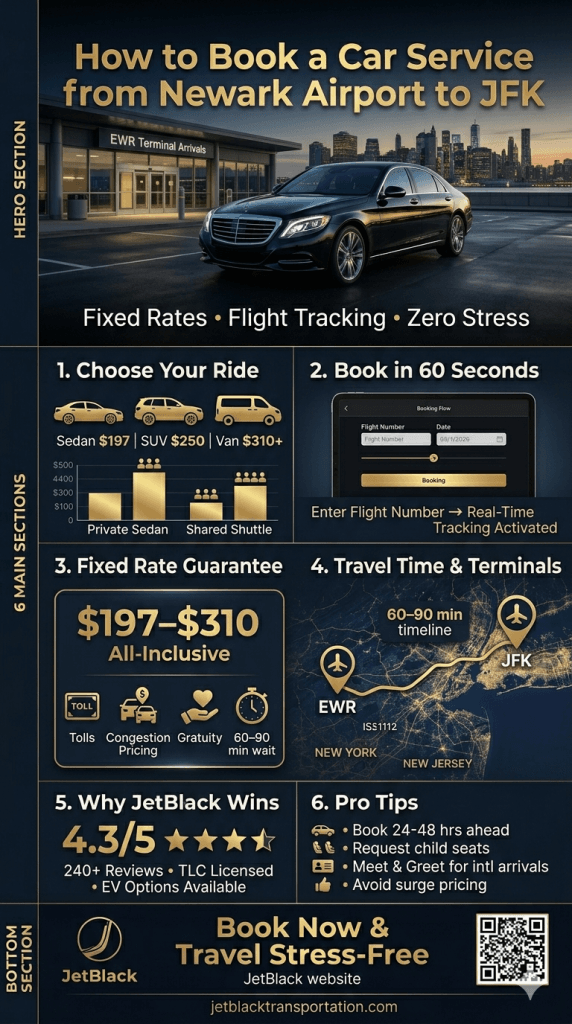 how to book a car service from Newark Airport to JFK cost and time comparison infographic