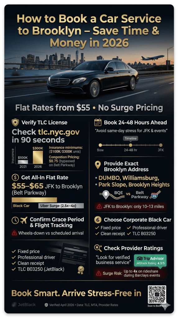 how to book a car service to Brooklyn NYC provider comparison infographic 2026