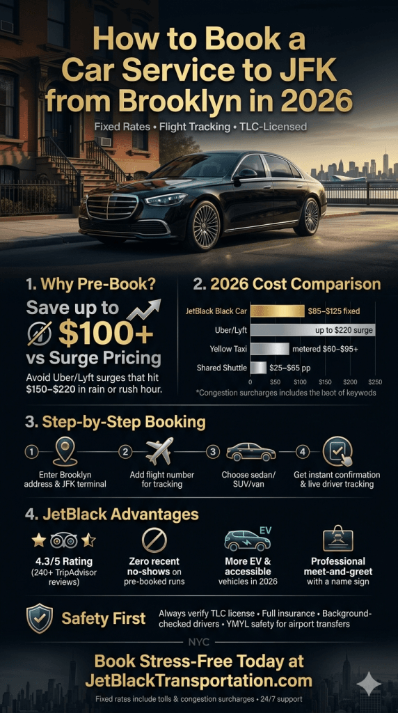 Visual guide on how to book a car service to JFK from Brooklyn showing pricing, ratings, and routes