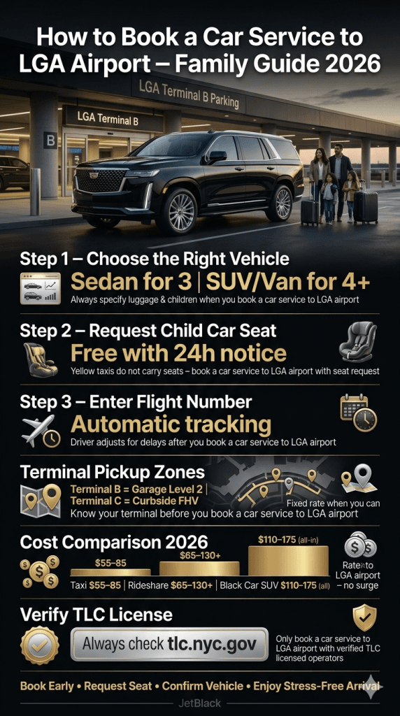 how to book a car service to lga airport comparison infographic 2026 LaGuardia ground transportation options family
