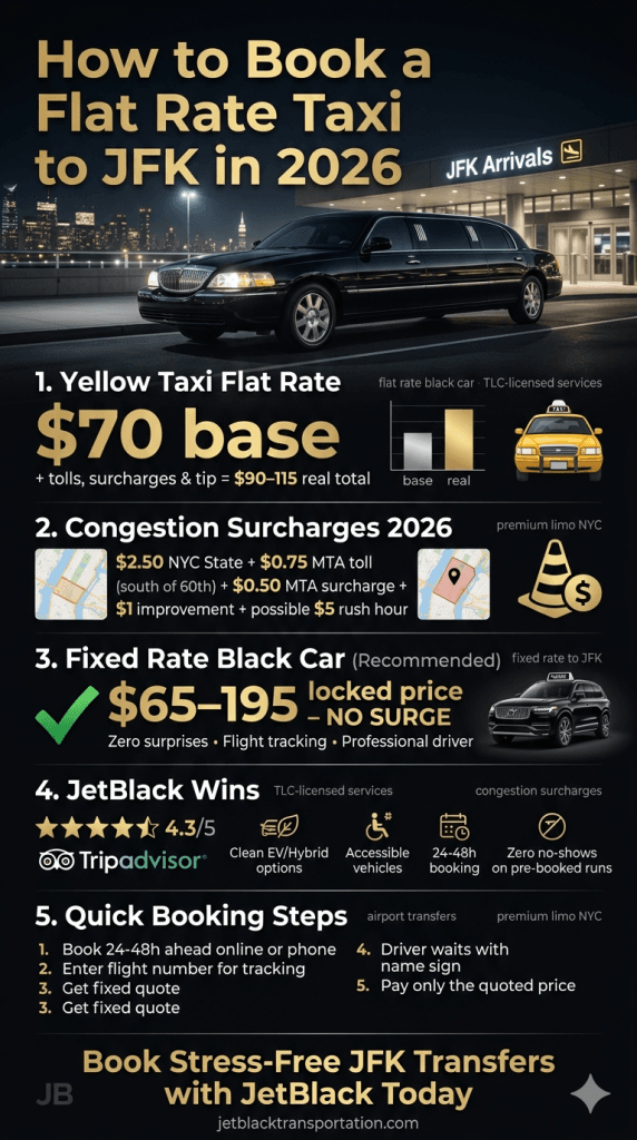  How to book a flat rate taxi to JFK 2026 cost comparison infographic breaking down surcharges, tolls, and total savings