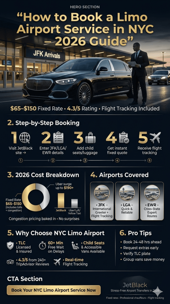 How to book a limo airport service in NYC cost and tips infographic