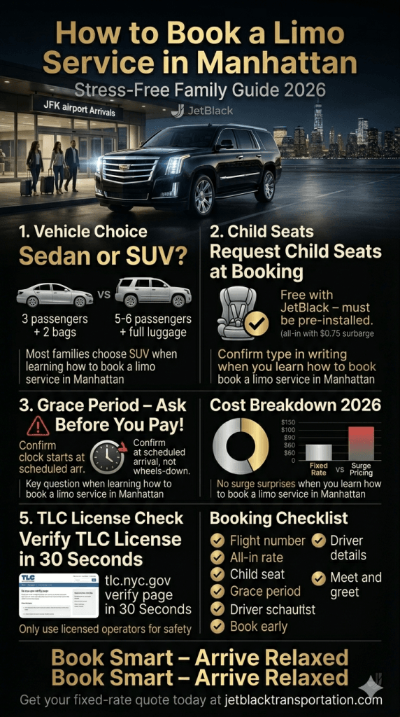 how to book a limo service in manhattan NYC for-hire vehicle comparison infographic 2026
