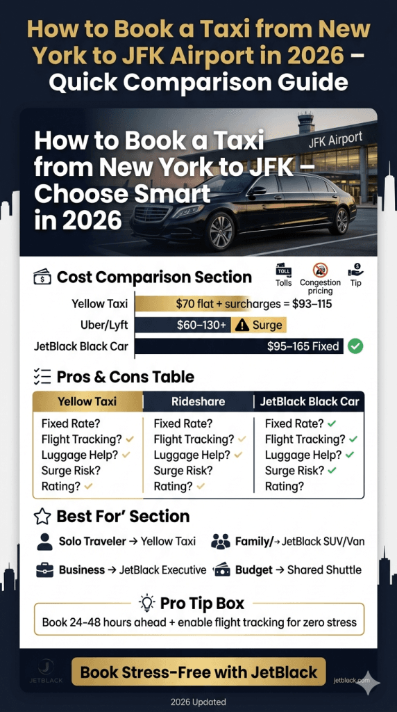  How to book a taxi from New York to JFK 2026 cost breakdown infographic