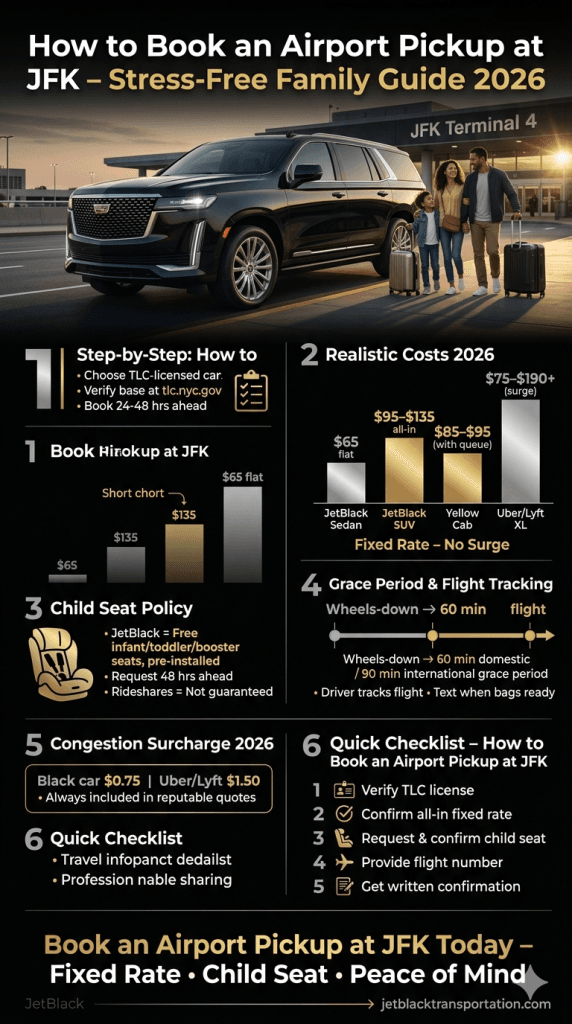 NYC Ground Transportation Comparison Infographic 2026 how to book an airport pickup at JFK infographic comparing black car service yellow cab rideshare costs and features 2026