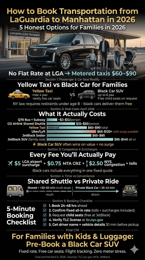 LaGuardia to Manhattan transportation options comparison black car taxi shuttle bus family 2026