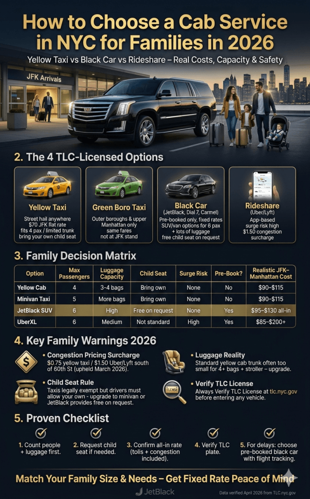 how to choose a cab service in NYC infographic comparing yellow cabs black cars rideshares for families