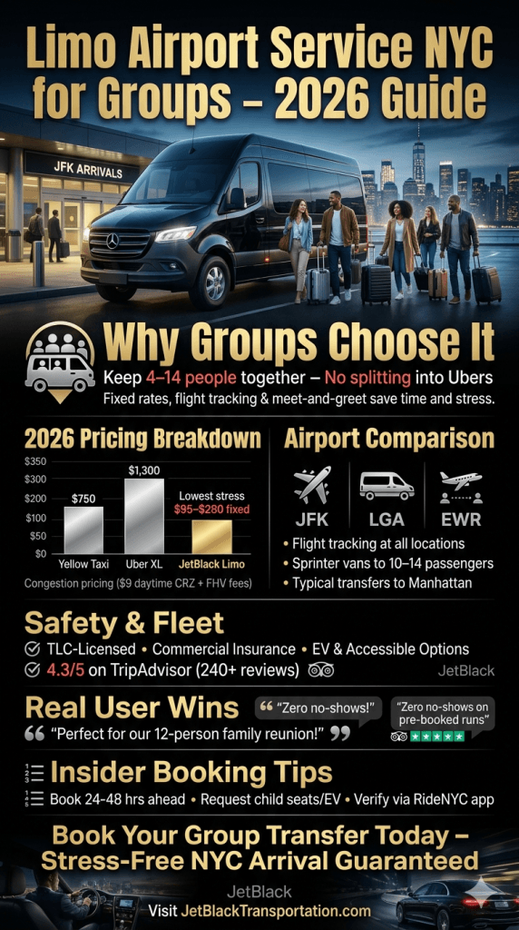 Infographic showing limo airport service NYC for groups pricing, surcharges, and 2026 tips across JFK, LGA, EWR