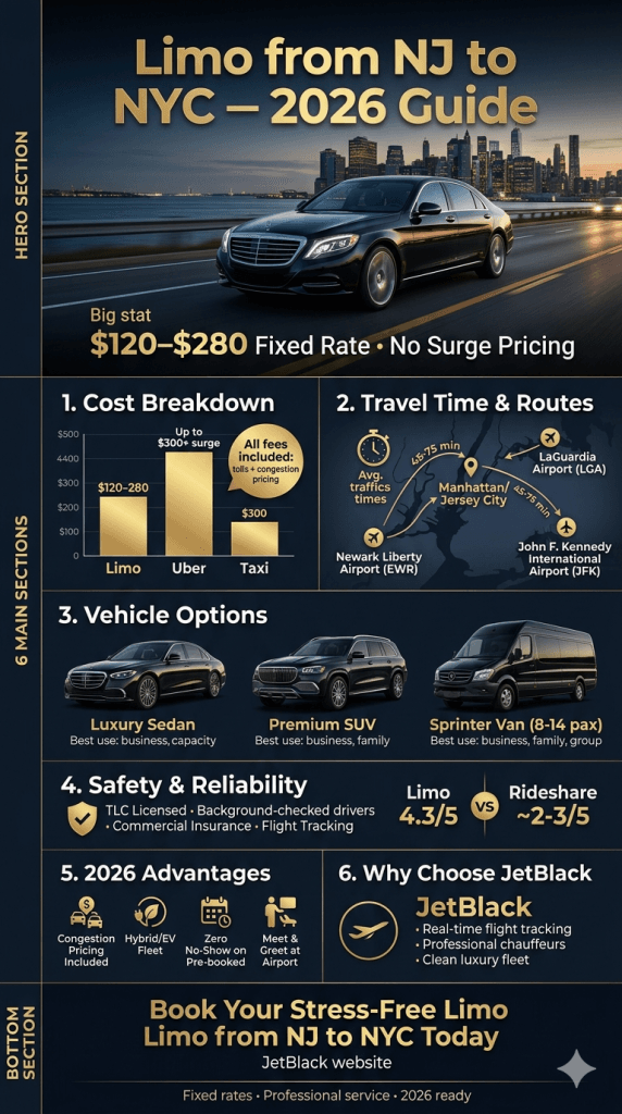 Detailed comparison of limo from NJ to NYC benefits, pricing, and time savings for 2026
