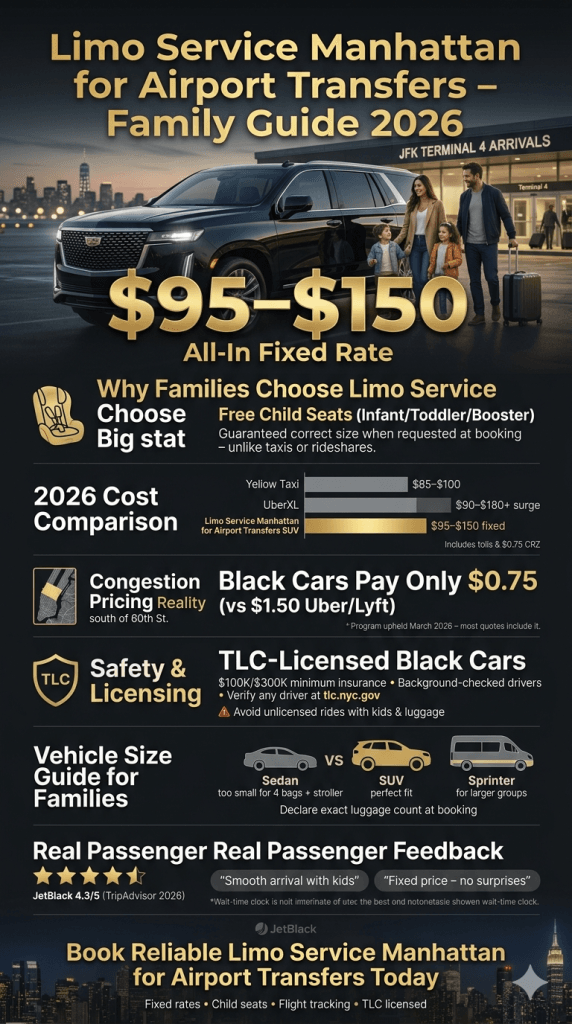 limo service manhattan for airport transfers vs rideshare vs taxi comparison chart for NYC families 2026