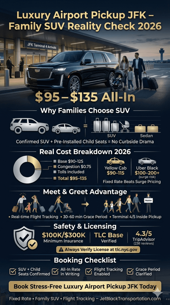 luxury airport pickup JFK NYC for-hire vehicle landscape black car vs rideshare yellow taxi comparison 2026