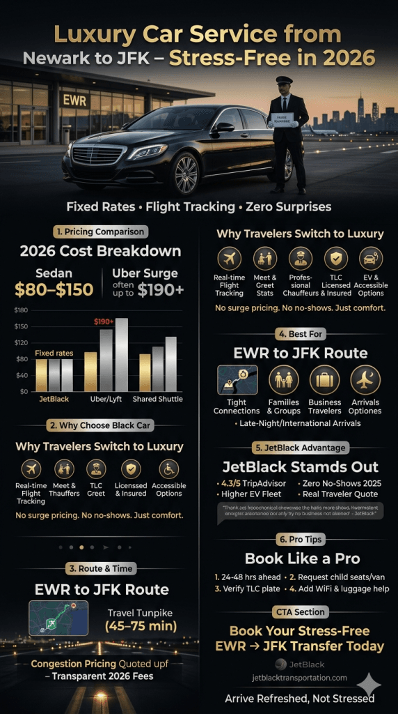 Infographic comparing luxury car service from Newark to JFK options and surcharges