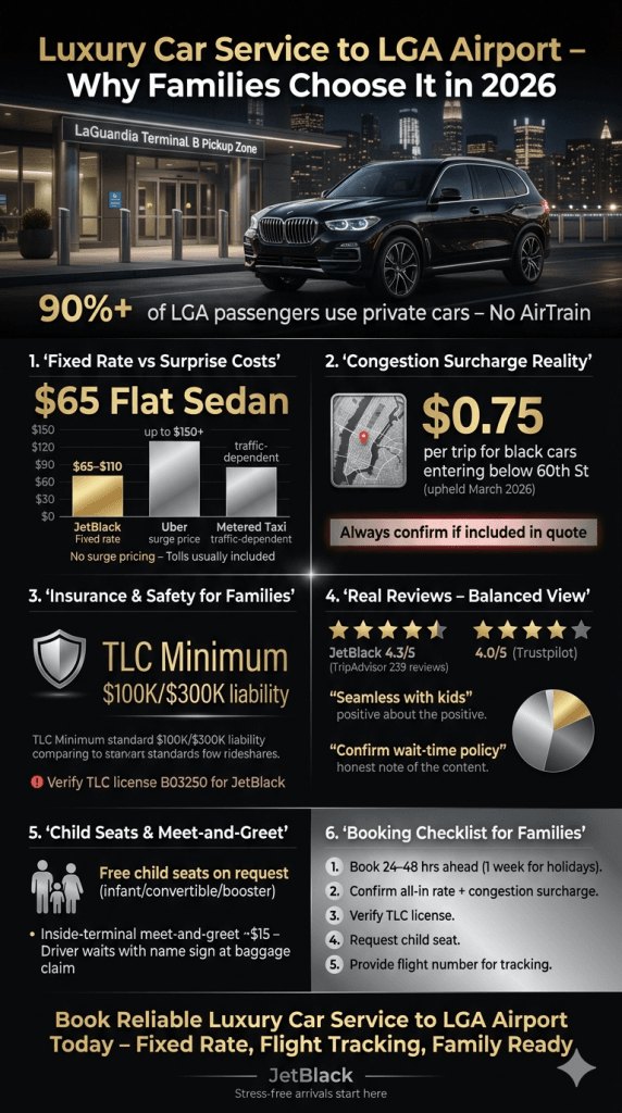 NYC for-hire vehicle comparison infographic black car rideshare yellow taxi LaGuardia families