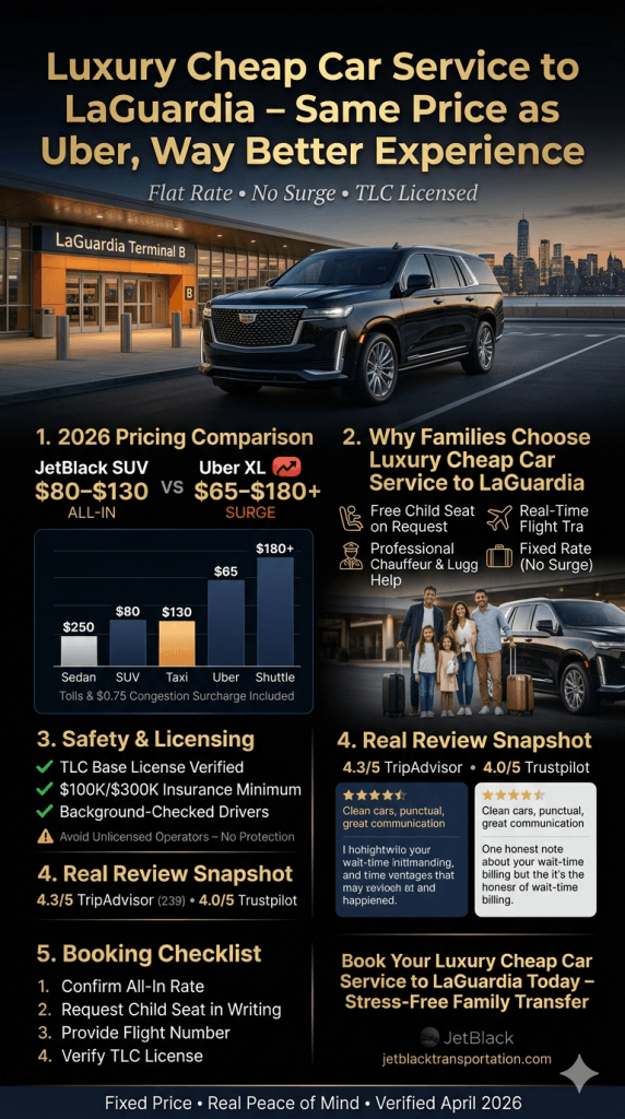 NYC For-Hire Vehicle Comparison Infographic 2026 luxury cheap car service to LaGuardia comparison black car rideshare taxi shuttle NYC