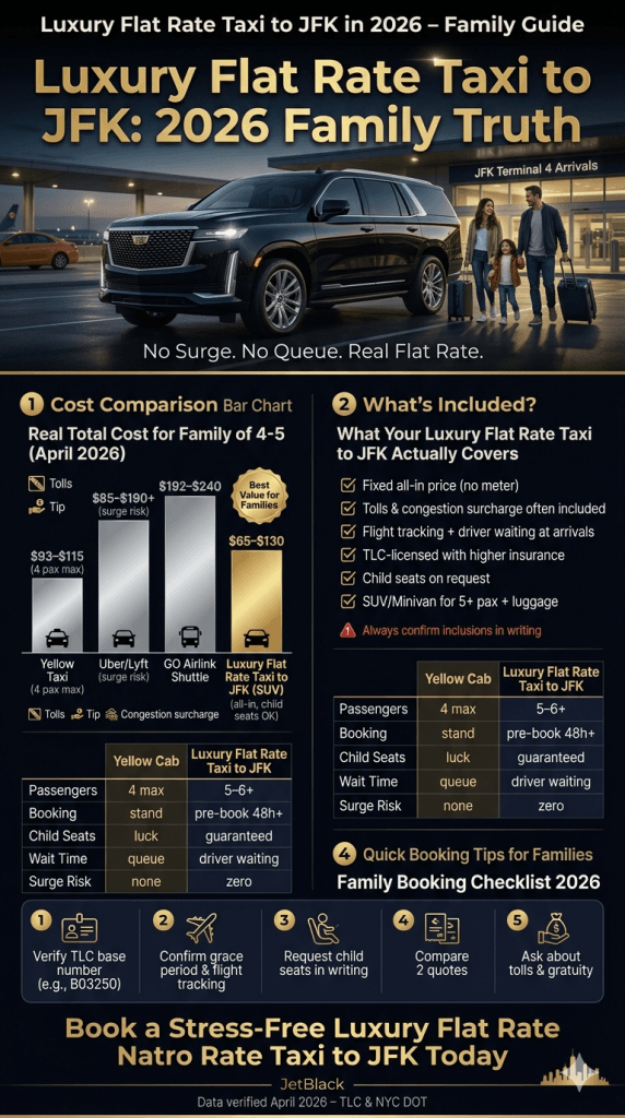 luxury flat rate taxi to JFK comparison infographic black car rideshare yellow taxi costs 2026