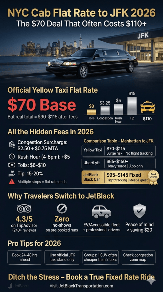  Infographic comparing NYC cab flat rate to JFK with all 2026 surcharges and premium options