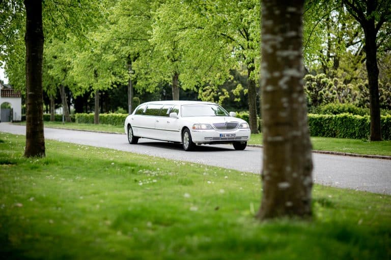 Car Service Blogs | Articles | News | Tips & Tricks | Video | FAQ | Information | Infograph. 7 A sleek white limousine driving on a road with lush green trees in the background.