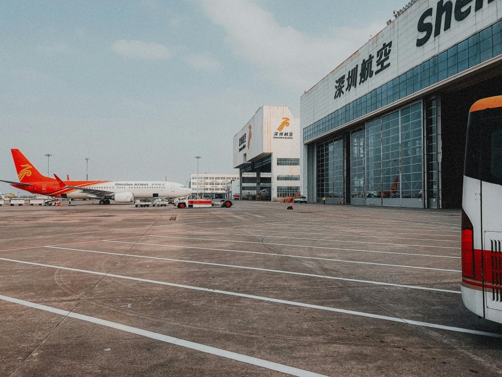 A Shenzhen Airlines plane parked on the tarmac at Shenzhen Airport.