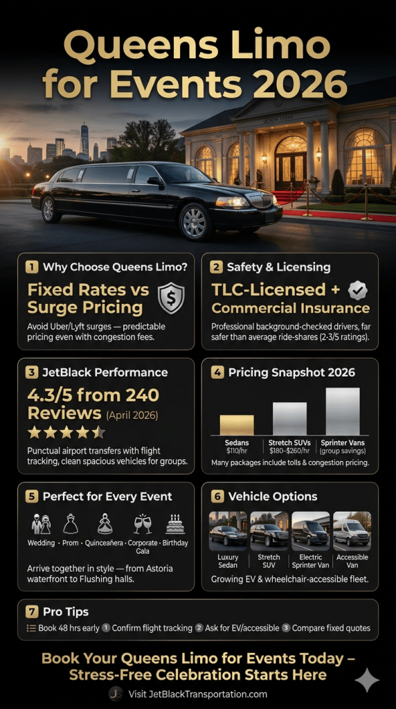  Infographic showing practical benefits and pricing for Queens limo for events in 2026