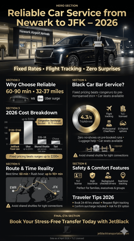Reliable car service from Newark to JFK pricing comparison infographic with fixed rates vs surges