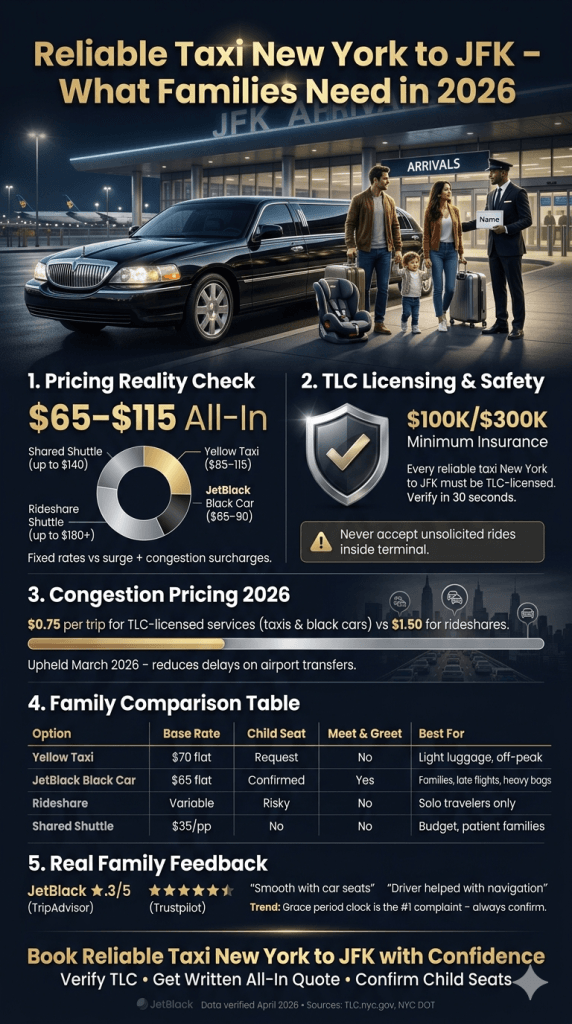 reliable taxi New York to JFK comparison infographic black car taxi rideshare shuttle 2026