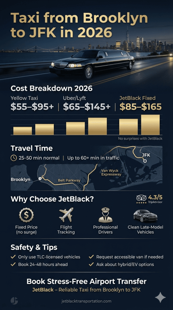 Easy-to-read comparison of taxi from Brooklyn to JFK choices including yellow taxi, rideshare, and premium black car