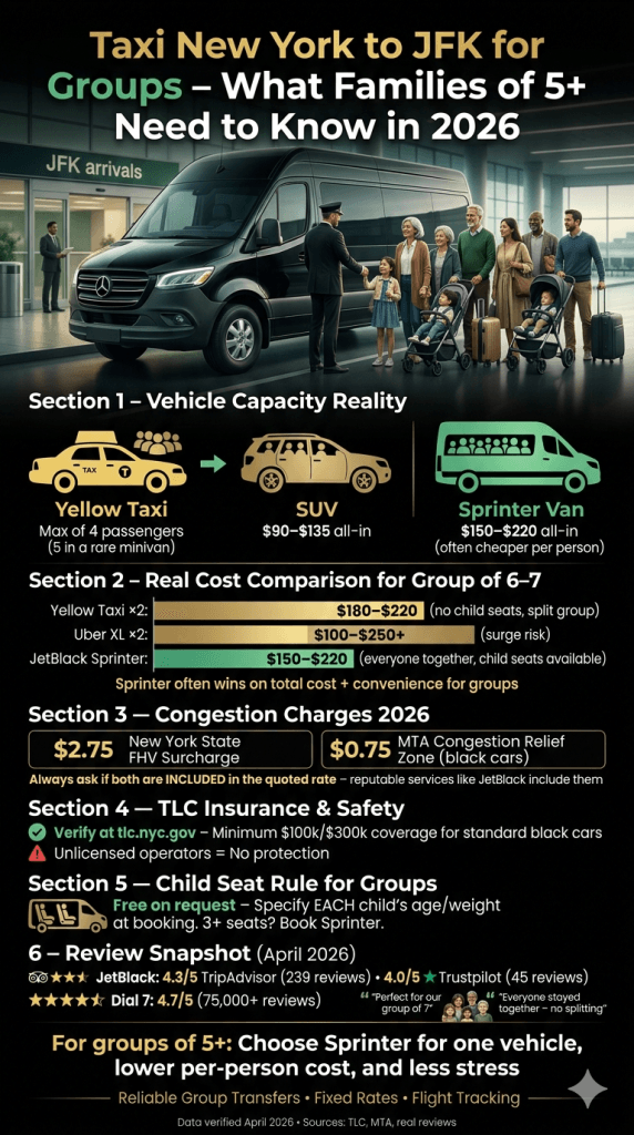 taxi new york to jfk for groups cost comparison infographic — yellow taxi vs SUV vs Sprinter van vs shared shuttle by group size and per-person cost