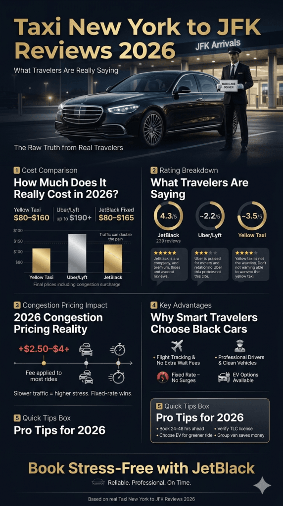 Infographic breaking down taxi New York to JFK reviews 2026 cost and time impacts