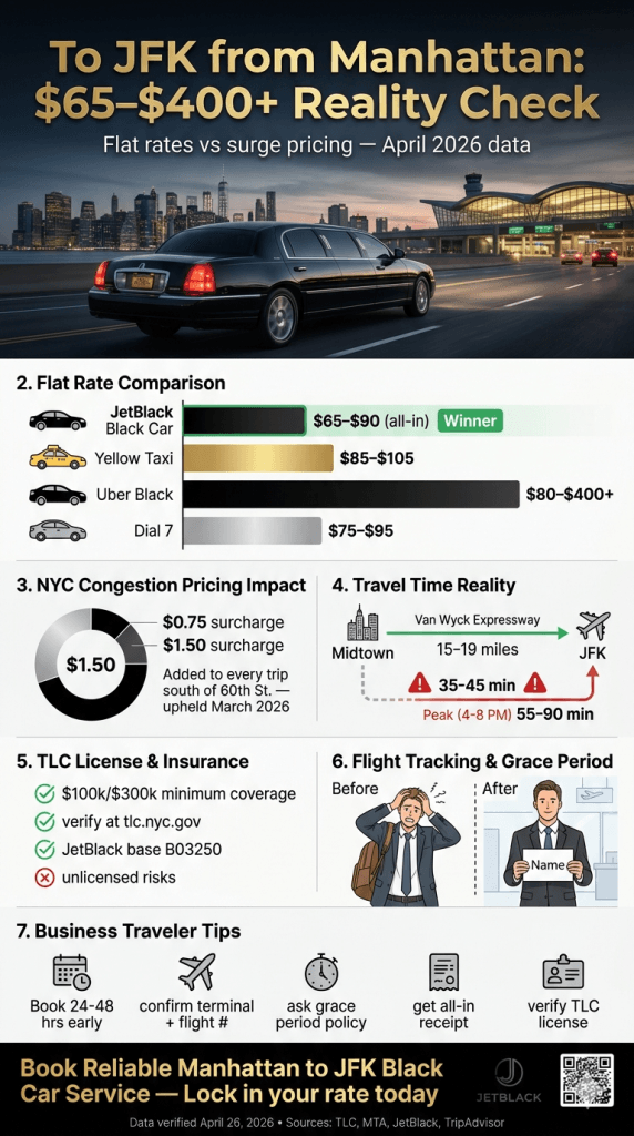 NYC For-Hire Vehicle Landscape โ to JFK from Manhattan to JFK from Manhattan for-hire vehicle comparison infographic NYC black car yellow taxi rideshare