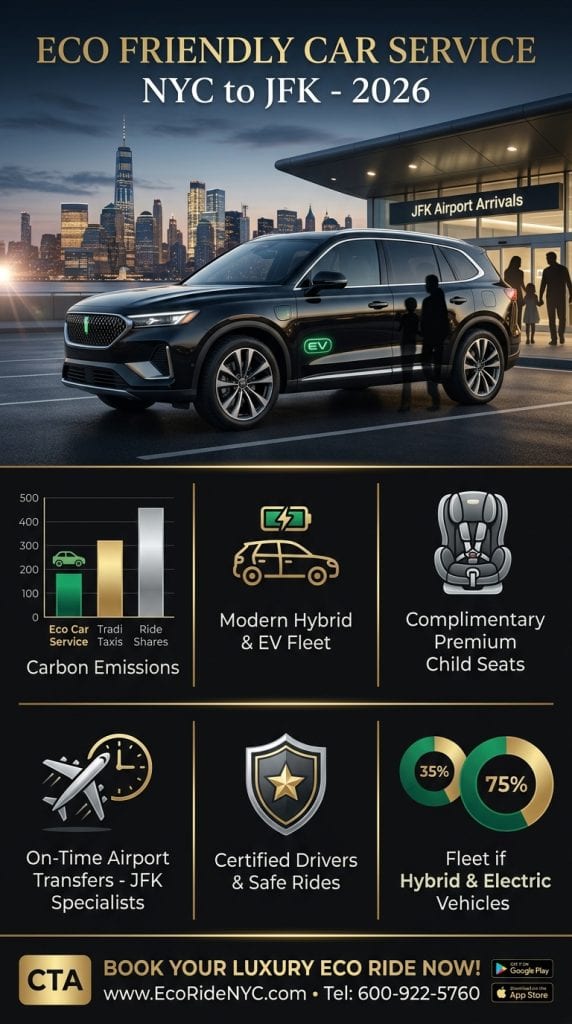 NYC for-hire vehicle comparison eco friendly car service NYC to JFK vs yellow taxi vs rideshare 2026