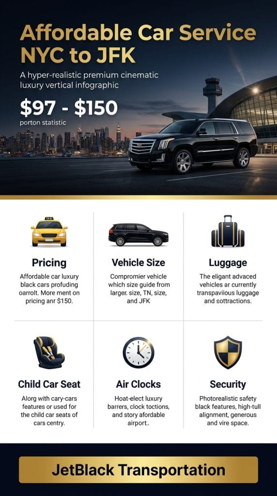affordable car service NYC to JFK comparison infographic — black car vs taxi vs rideshare for families