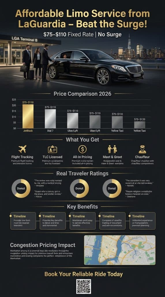 NYC LGA For-Hire Vehicle Landscape Infographic LaGuardia airport ground transport comparison infographic — black car limo service rideshare taxi