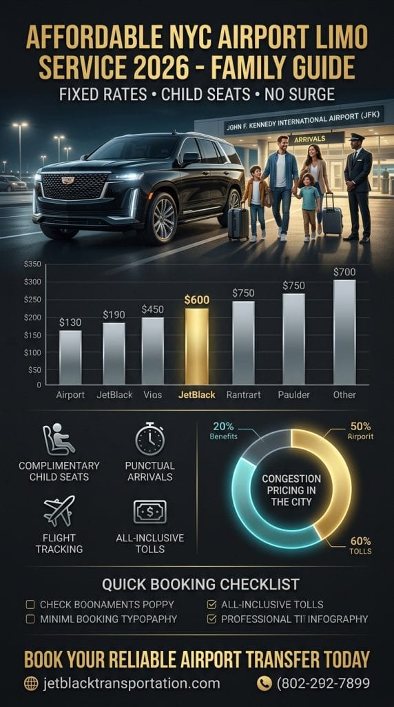 affordable nyc airport limo service comparison infographic showing costs features and TLC requirements 2026