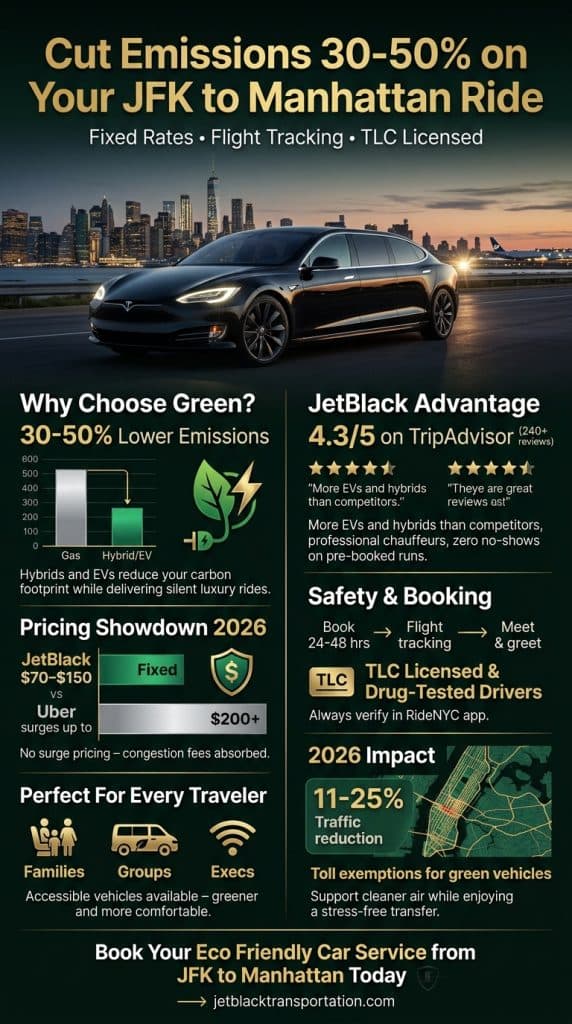 eco friendly car service from jfk to Manhattan Infographic showing 2026 NYC congestion pricing impacts on eco friendly car service from JFK to Manhattan