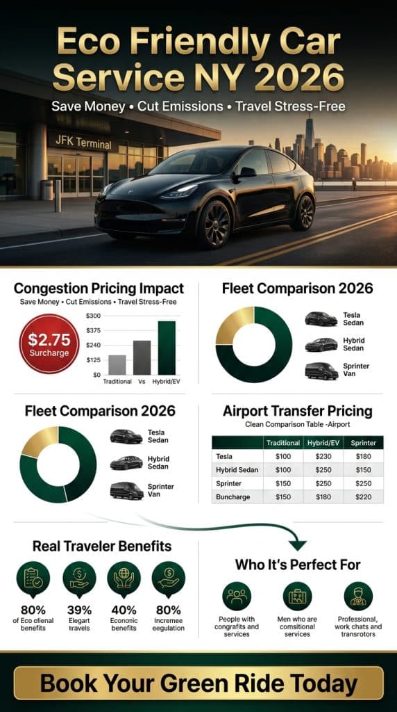Infographic showing 2026 NYC congestion pricing impacts and savings with hybrid black car service from JFK to Manhattan