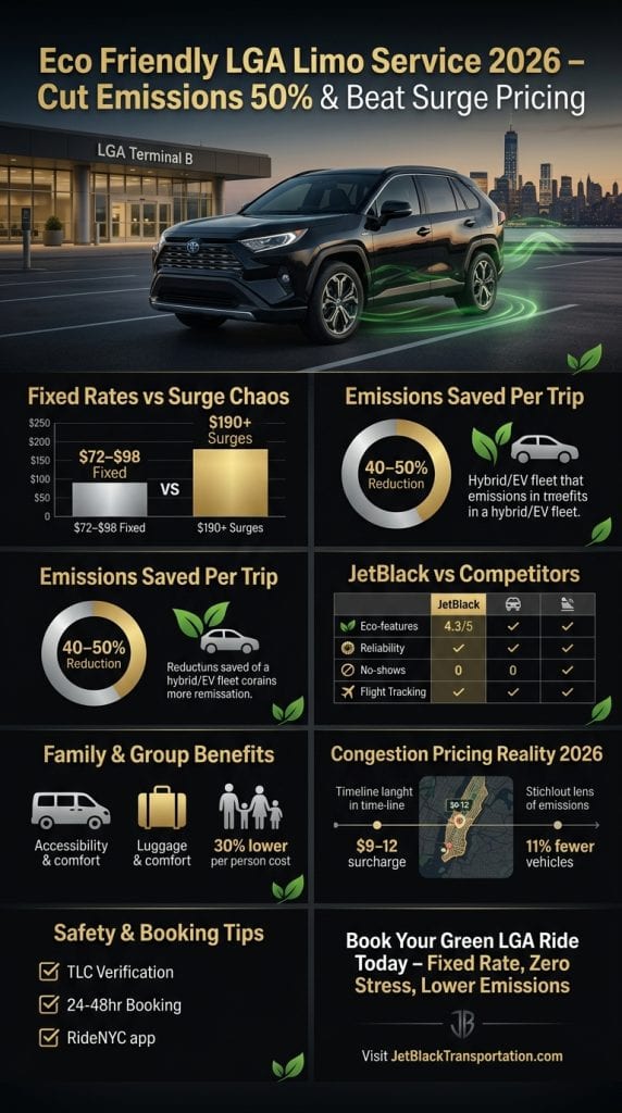 Eco friendly LGA limo service comparison chart showing emissions savings, costs, and travel times for LaGuardia airport transfers
