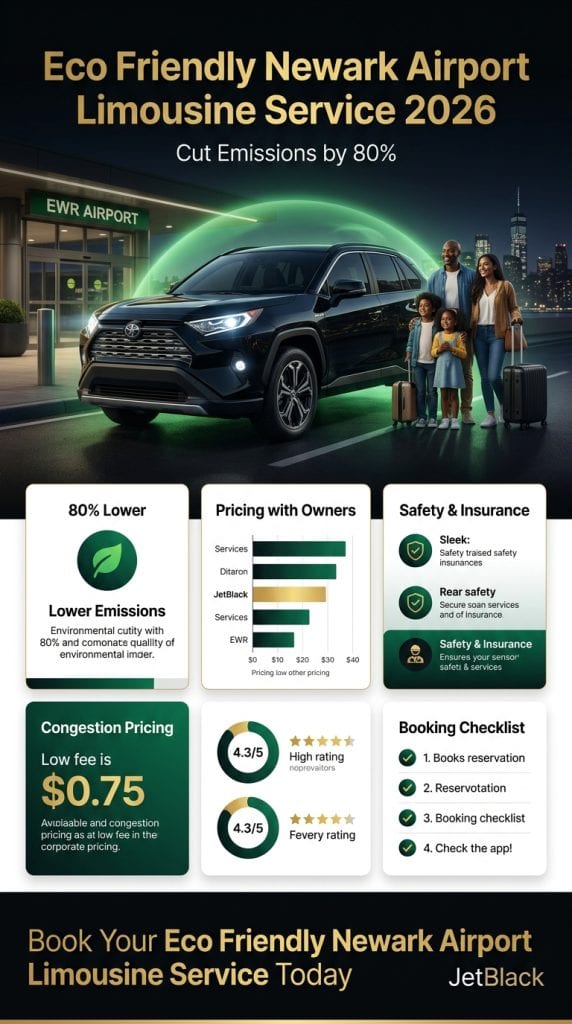 eco friendly Newark airport limousine service comparison chart — black cars, yellow taxis, rideshares, and NJ Transit across licensing, insurance, surge pricing, fixed rates, and TLC oversight