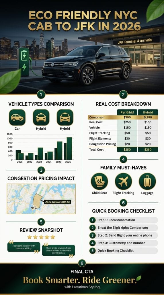 eco friendly nyc cab to JFK infographic comparing black cars yellow taxis rideshares and eco options in NYC