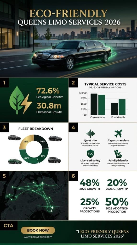 eco friendly queens limo services Infographic detailing benefits of eco friendly Queens limo services in 2026