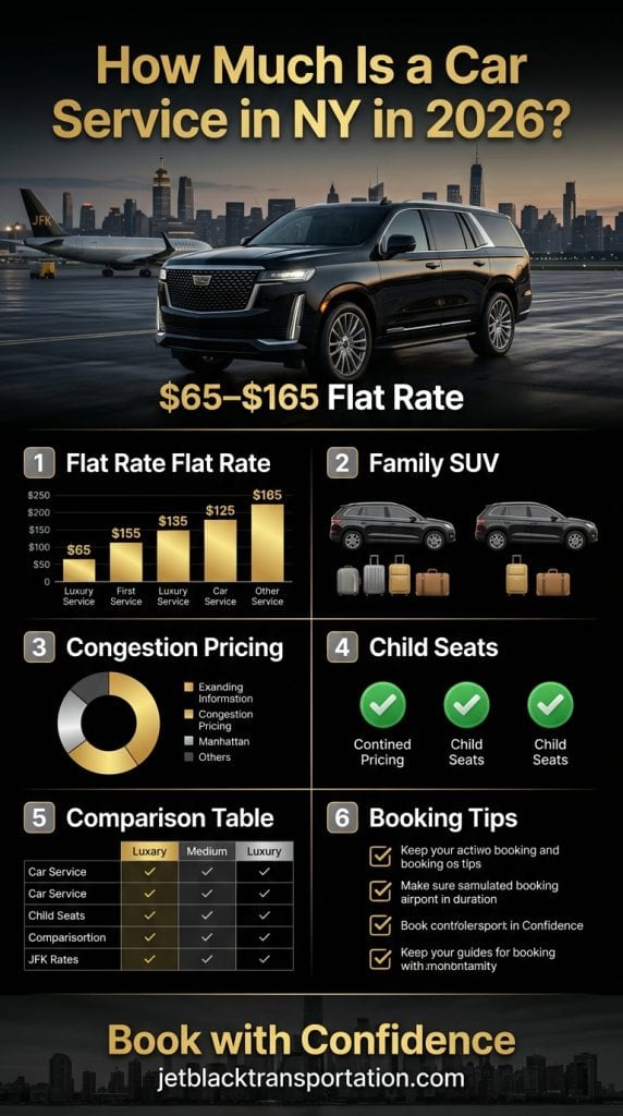 NYC Car Service Cost Comparison Infographic 2026 how much is a car service in NY infographic comparing black car rideshare taxi shuttle costs NYC 2026